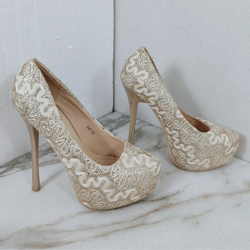 Mila Lady Fay Gold Cream Glitter Lace Platform Stiletto Heels, Sz 5.5